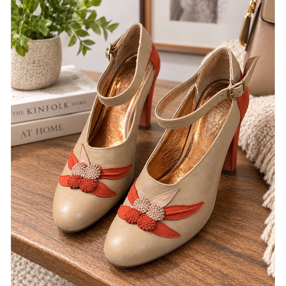 Miss Albright Leather Mary Jane Heels Beige Orange Floral Applique Size 10 Boho